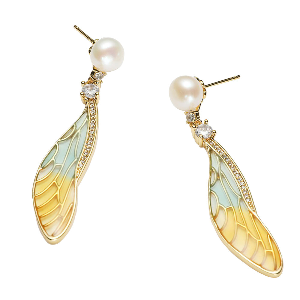 Cicada Wings Enamel Freshwater Pearl Earrings