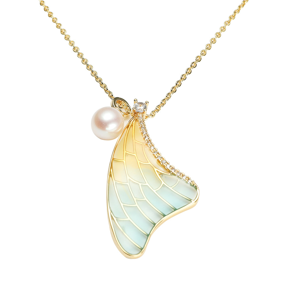 Cicada Wings Enamel Freshwater Pearl Pendant Necklace