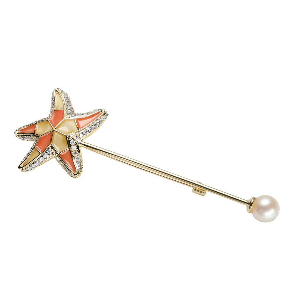 Enamel Starfish Brooch with Freshwater Pearl